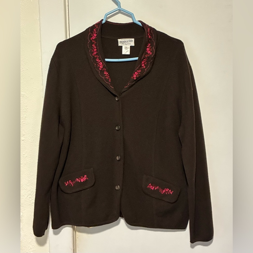 Pendleton Brown Cardigan with Fushia Embroidery